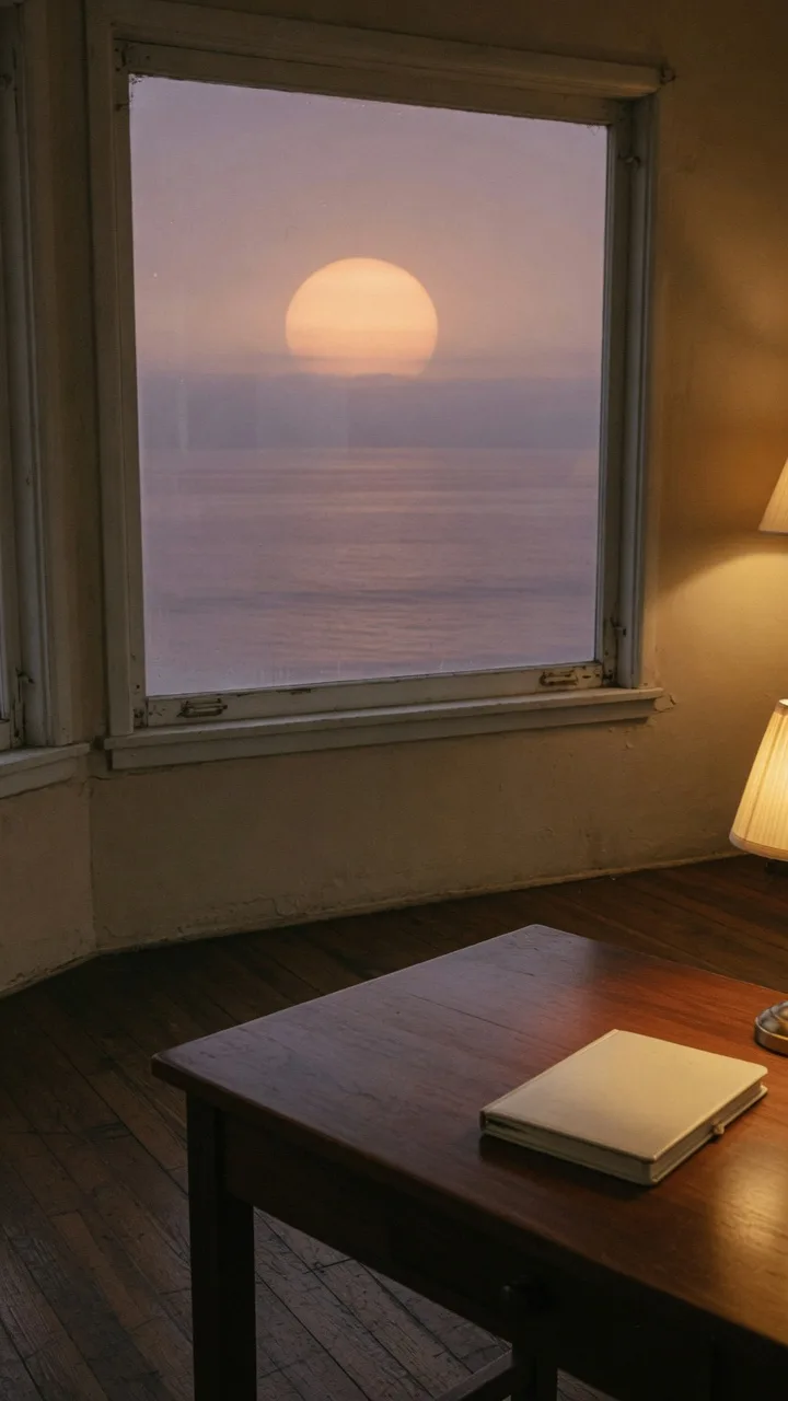 An empty Laguna Beach treatment suite at dusk, teak desk and notebook before a Pacific window.