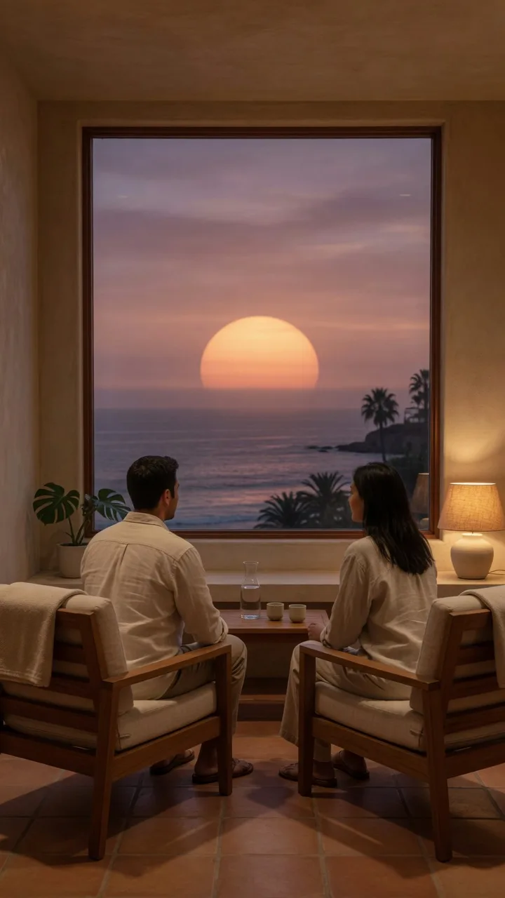 Two people sitting in teak chairs facing a dusk Pacific window in Laguna Beach, backs to camera.
