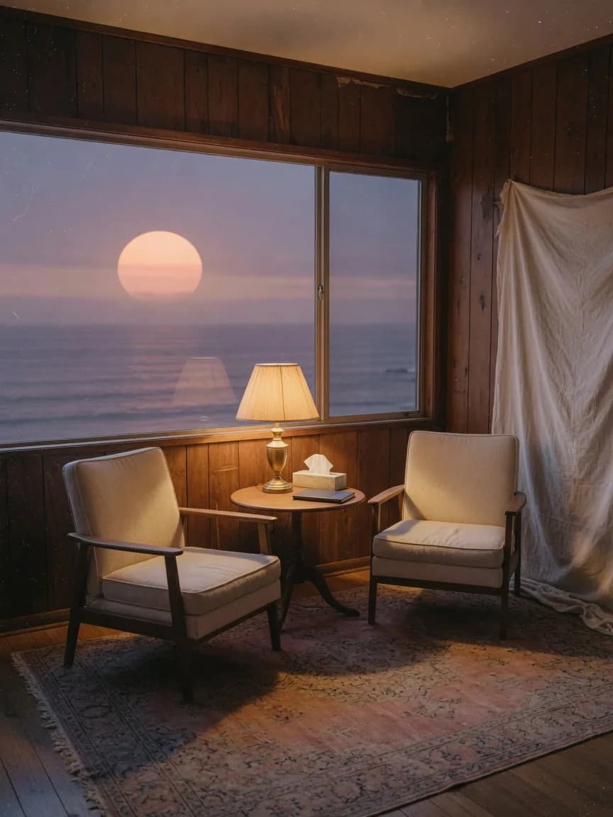 Two empty cream armchairs facing each other beside a brass lamp and tissues, a huge sun in a Pacific window.