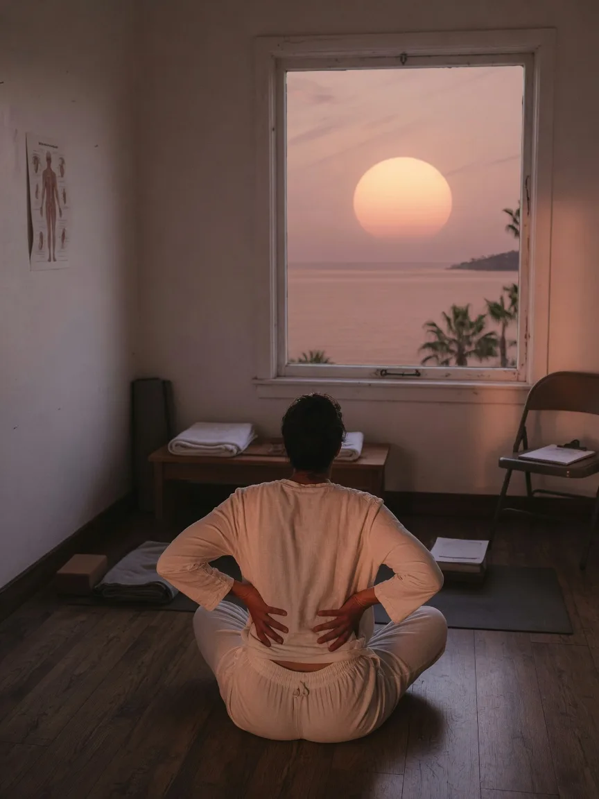 A person sitting on a dark oak floor facing a dusk Pacific window, back to camera, hands on the lower back.