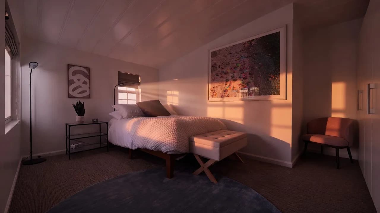 A bedroom at The Truth House in Laguna Canyon at dusk.
