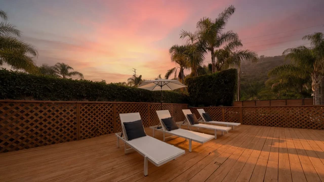 The Truth House deck in Laguna Canyon at dusk.