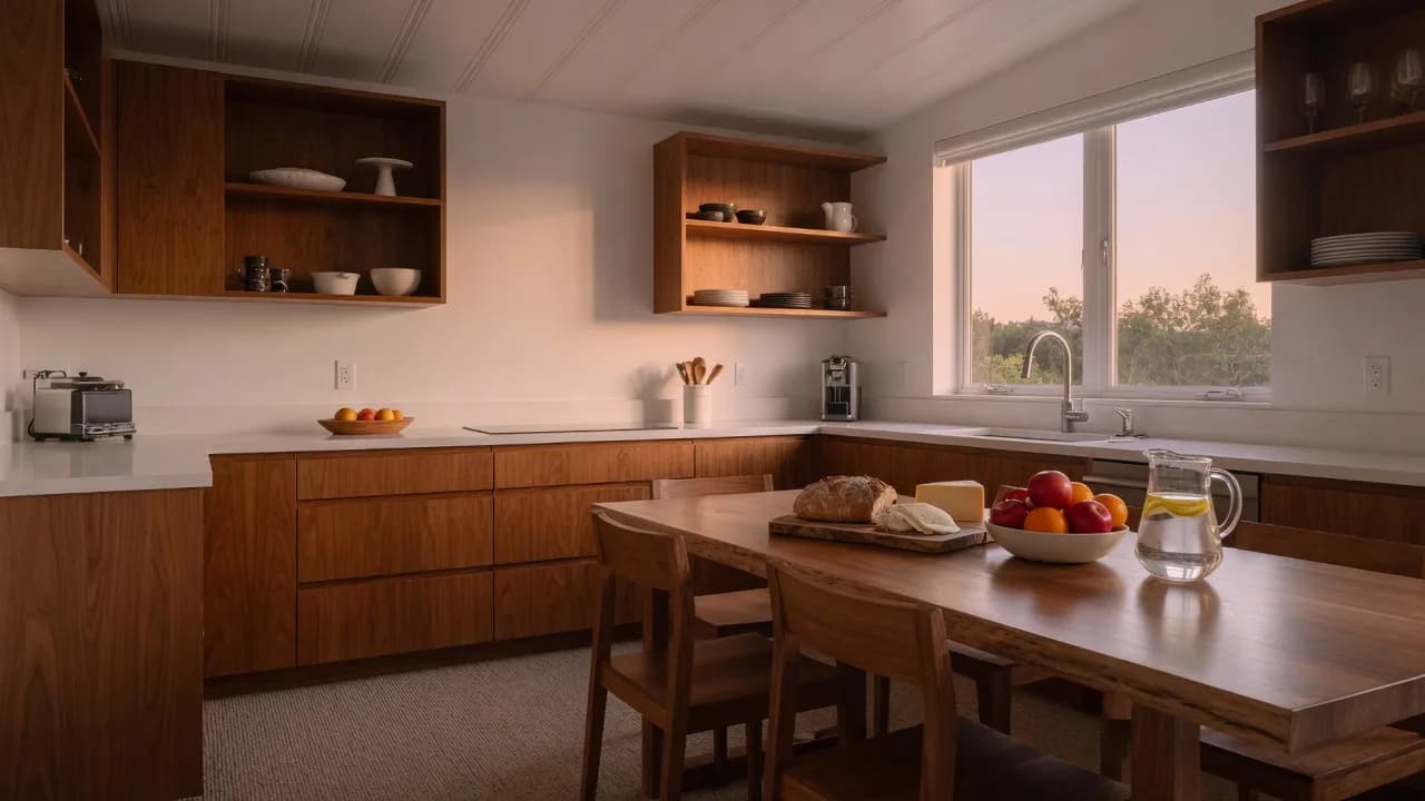 The kitchen at The Truth House at dusk.