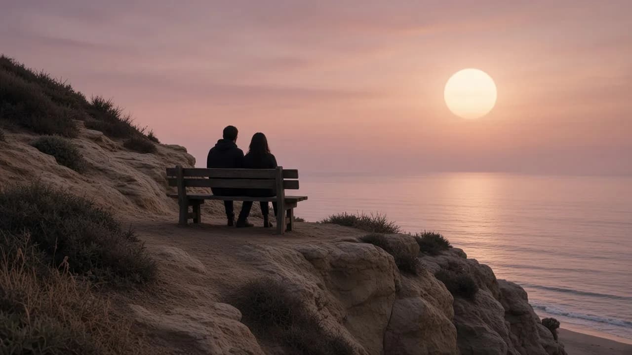 Two people sitting on a wooden bench on a Laguna sandstone bluff at dusk, backs to camera, a huge pale sun over still water.