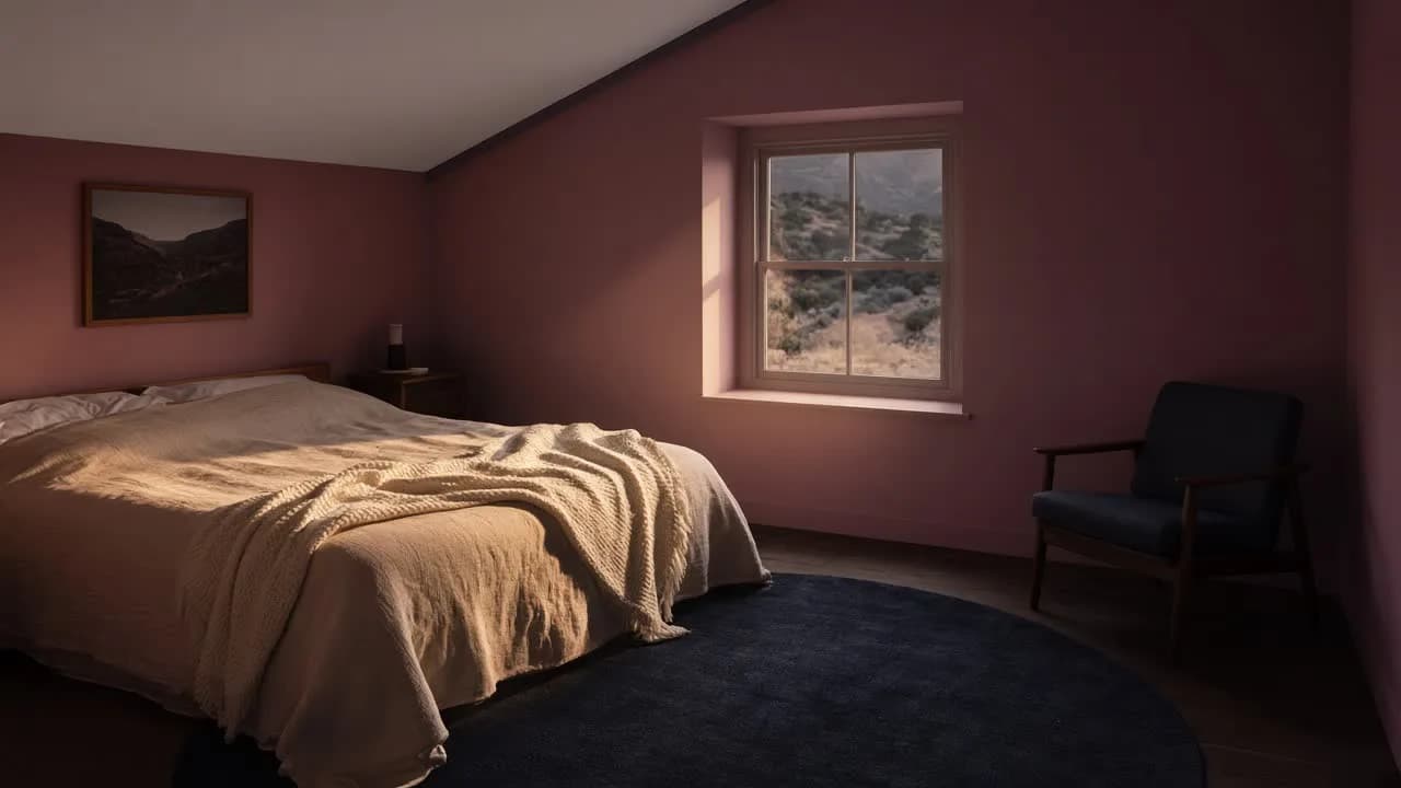 A made bed in a quiet room at dusk, canyon hills in the window.