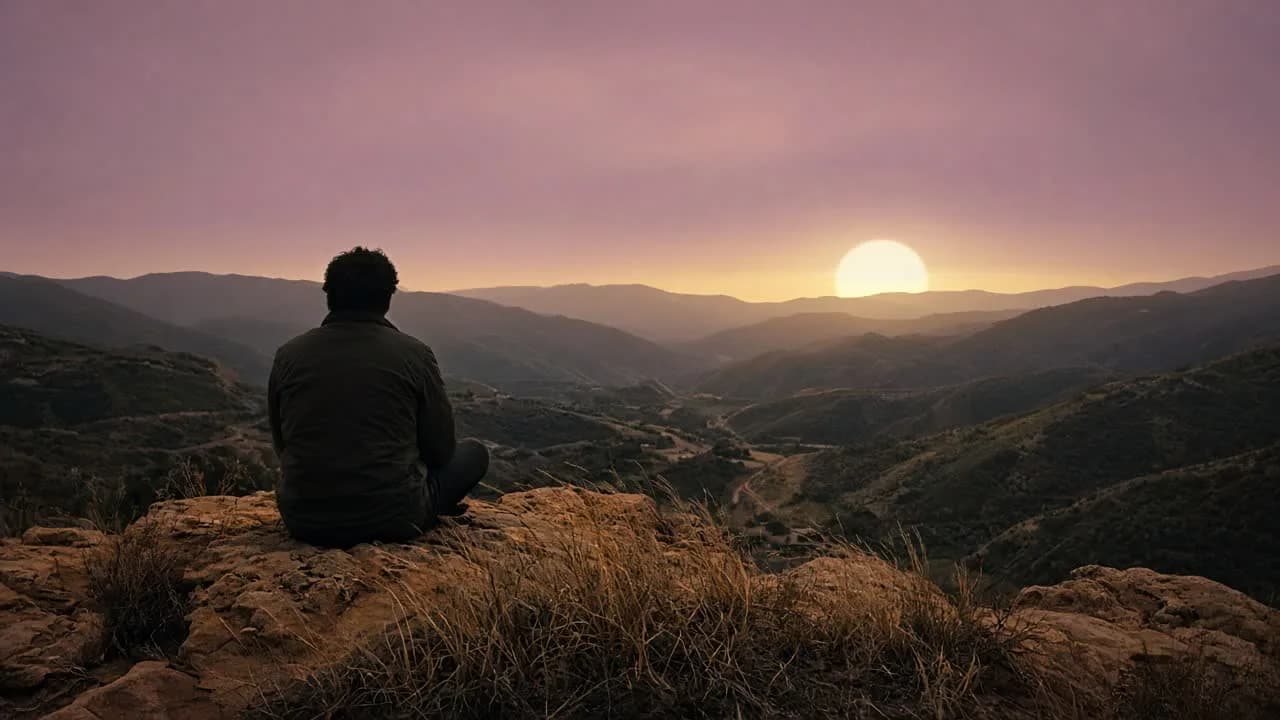 A person sitting on a canyon ridge at dusk, back to camera, a huge pale sun over the hills.