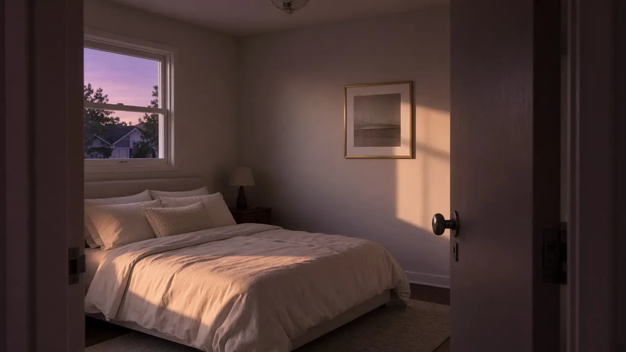 Looking through a doorway into a made room at Truth House at dusk.