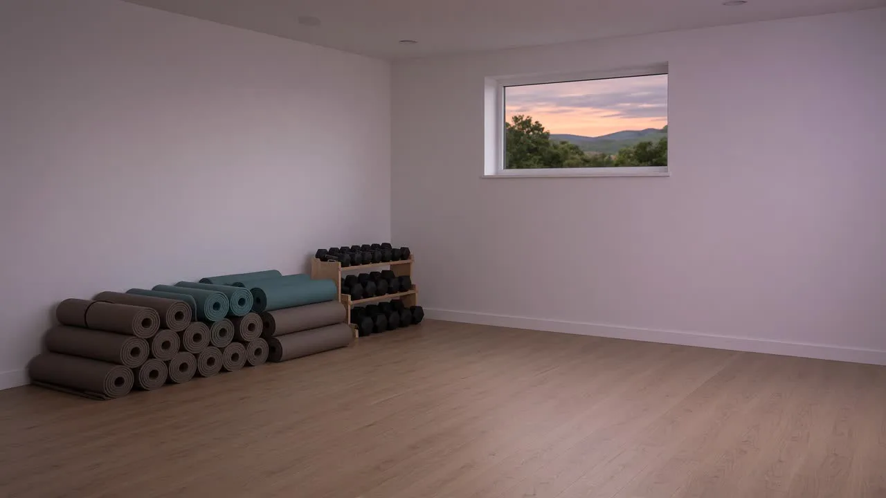Yoga mats and weights in the Truth House studio at last light.