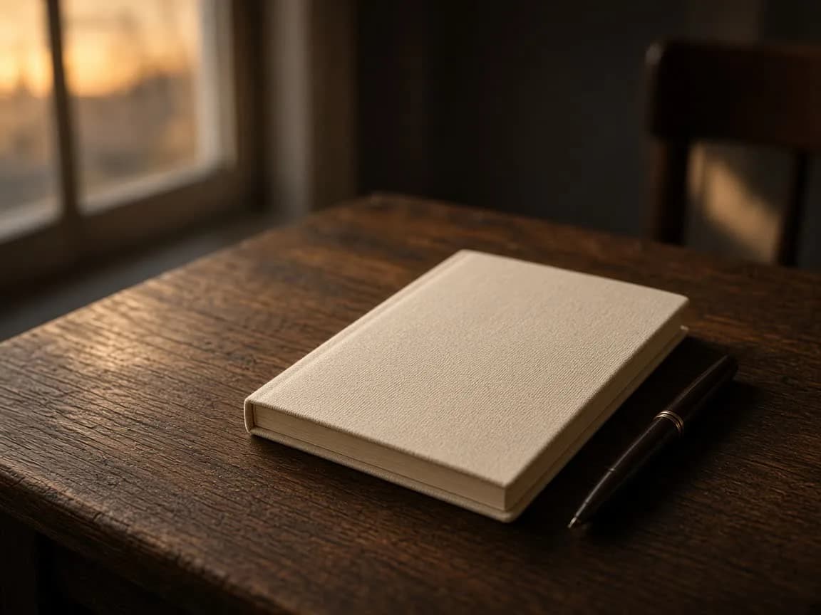 A closed cream notebook and a dark pen on a dark oak table in warm dusk light.