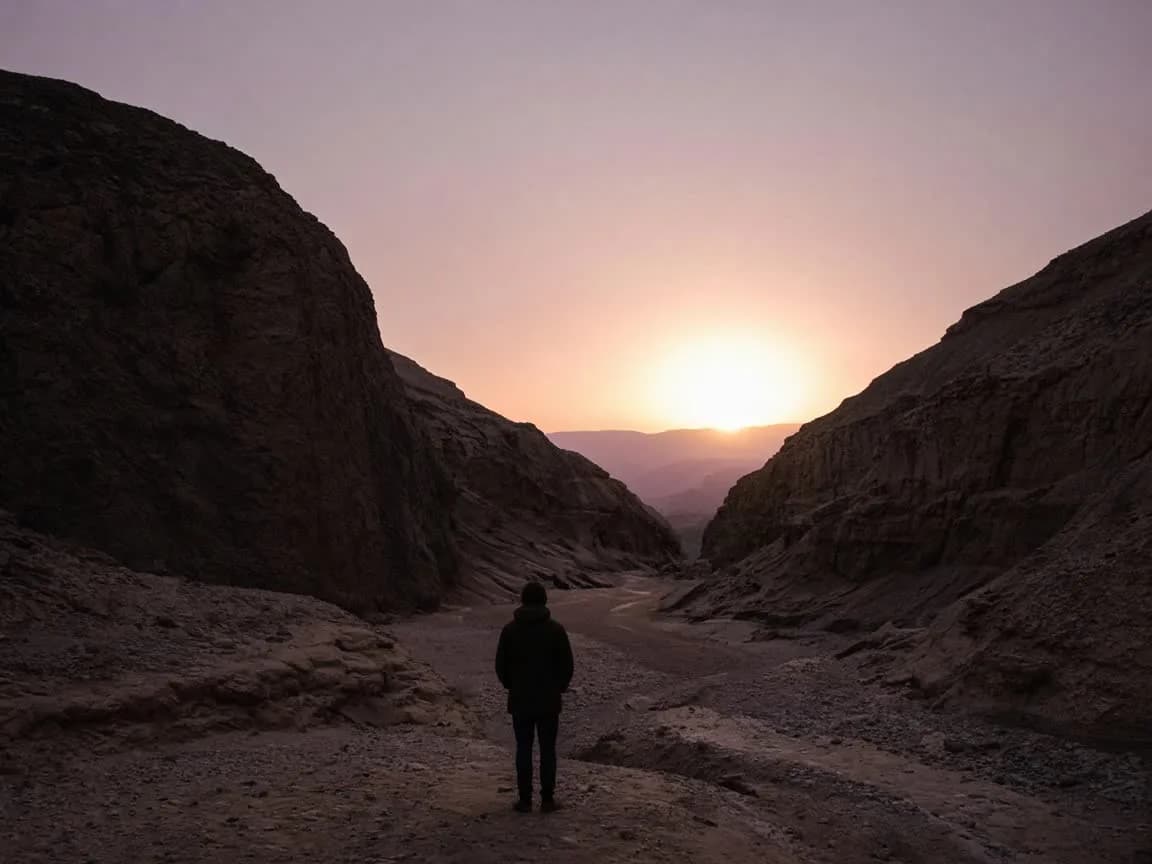 A person standing at the mouth of a dark sandstone canyon wash at dusk, back to camera, a pale sun beyond the opening.