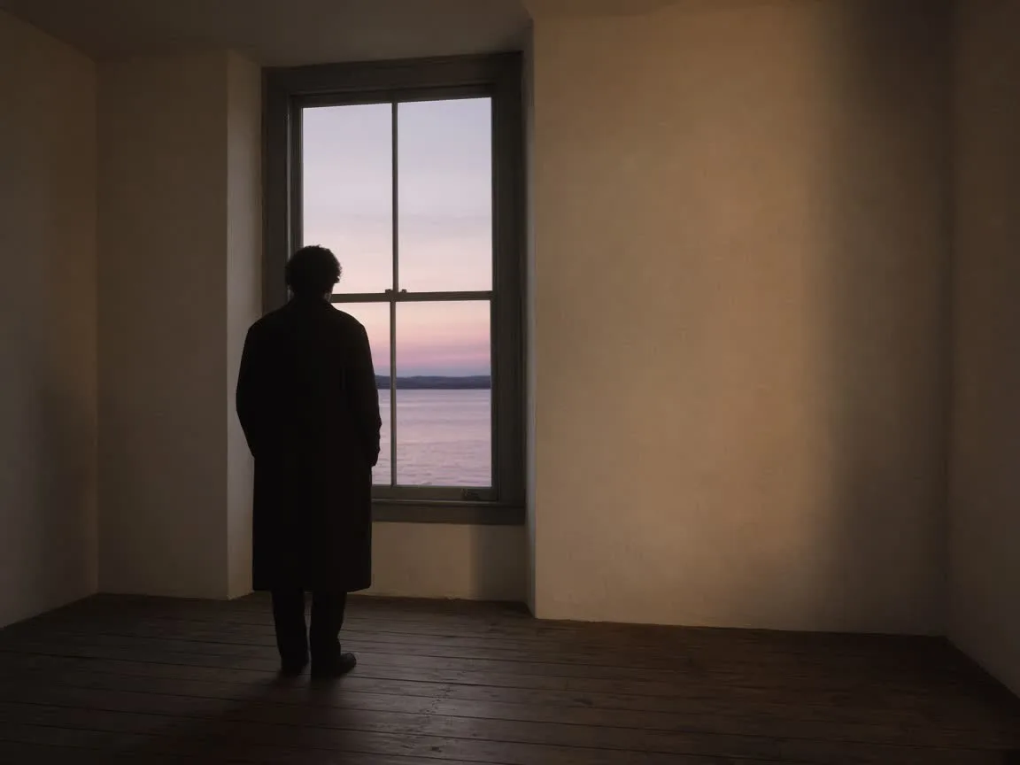 A person standing at a tall dusk window in a cream-walled room, back to camera, looking out at a pale horizon.