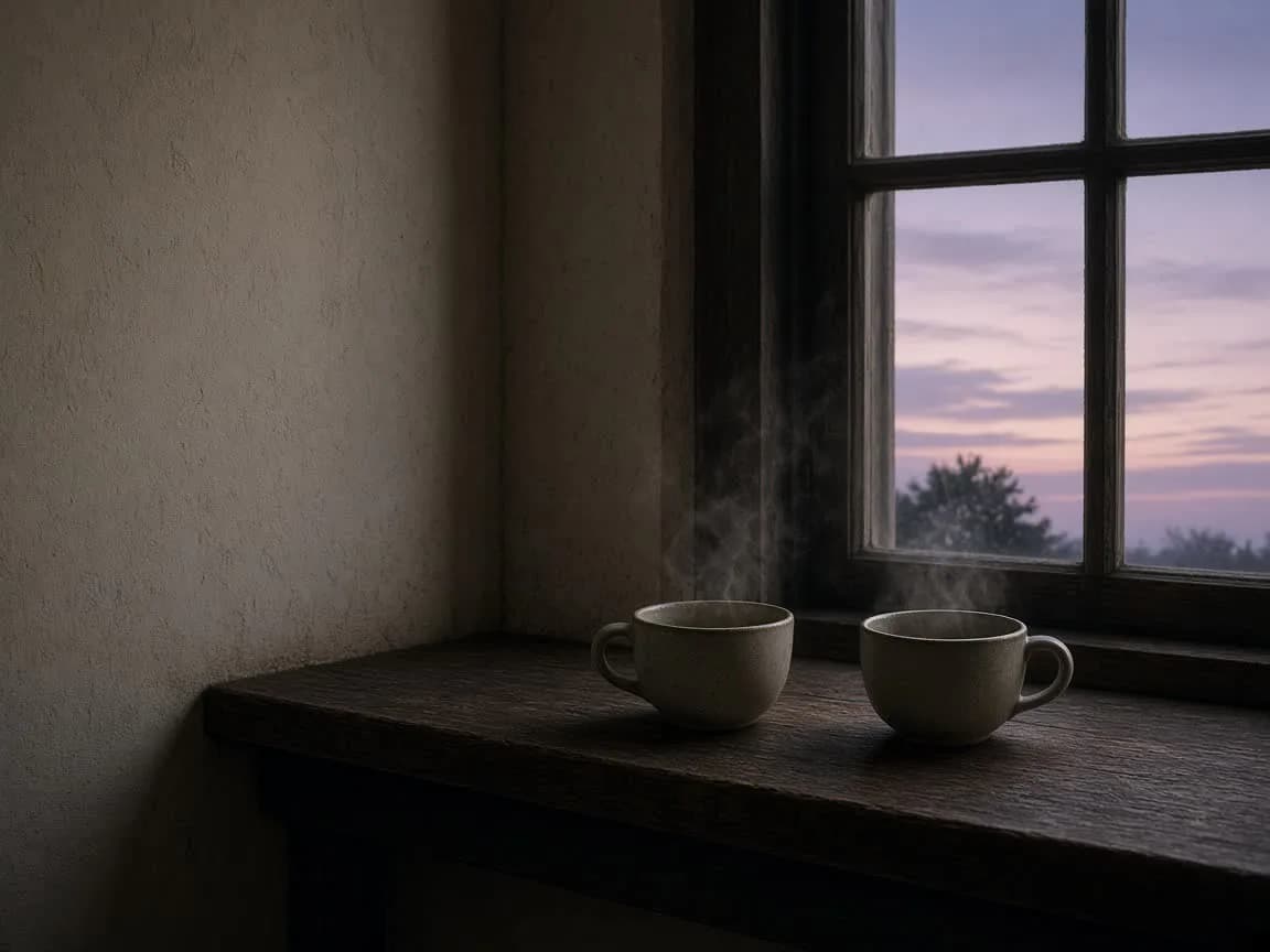 Two empty ceramic cups on a dark wood window ledge at last light, a pale mauve sky outside.