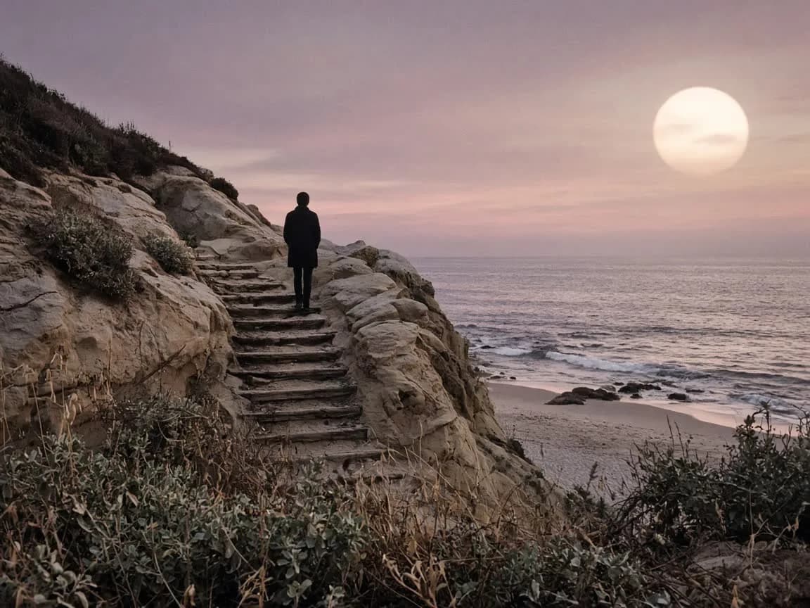 A person standing on weathered wooden cliff stairs on a Laguna sandstone bluff at dusk, back to camera, looking down toward a cove under a pale sun.