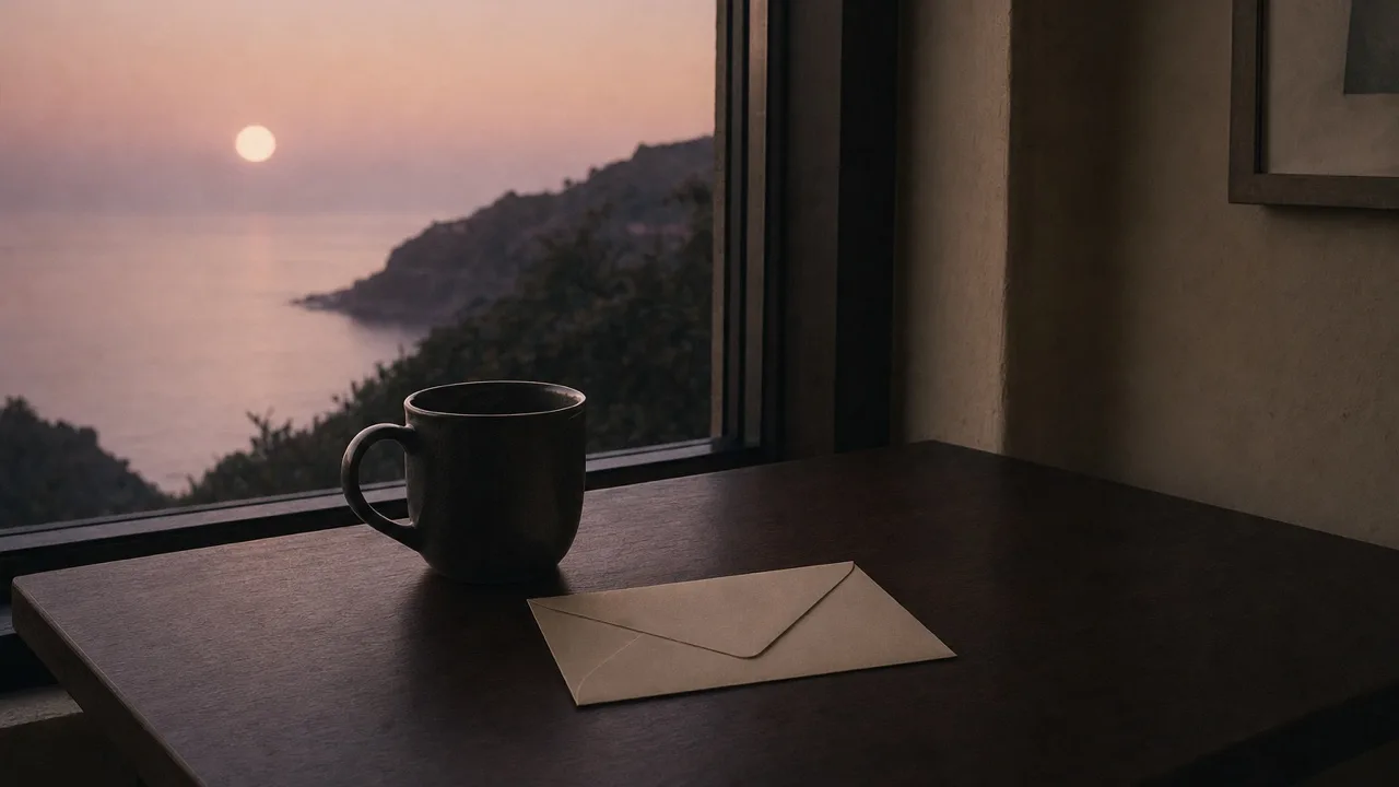 A dark ceramic mug beside a plain cream envelope on a dark walnut table next to a tall window, a dusk coastline beyond.