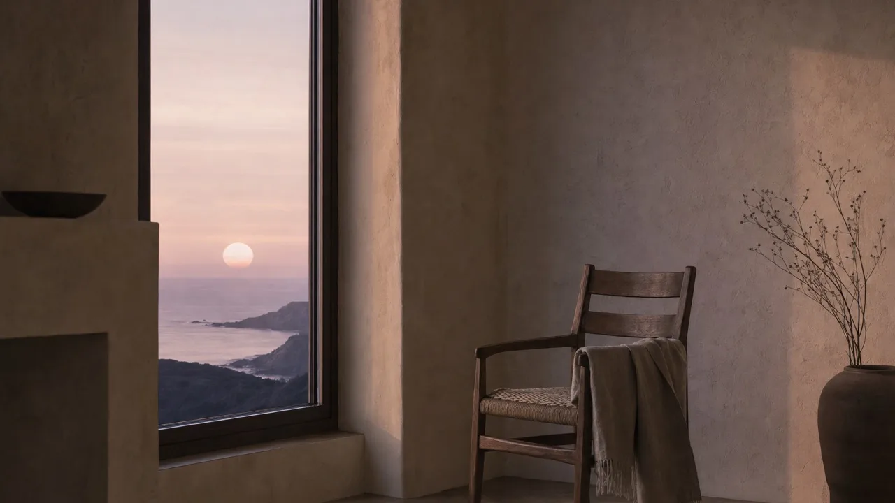 An empty wooden chair with a folded linen throw beside a tall window in a cream plaster room, the sea and a pale sun outside.