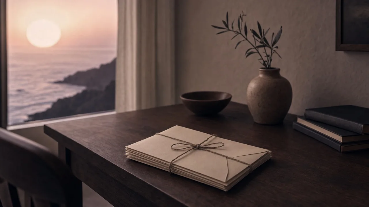 A small stack of blank cream envelopes tied with twine on a dark walnut desk, a window behind showing a pale sun over the sea.
