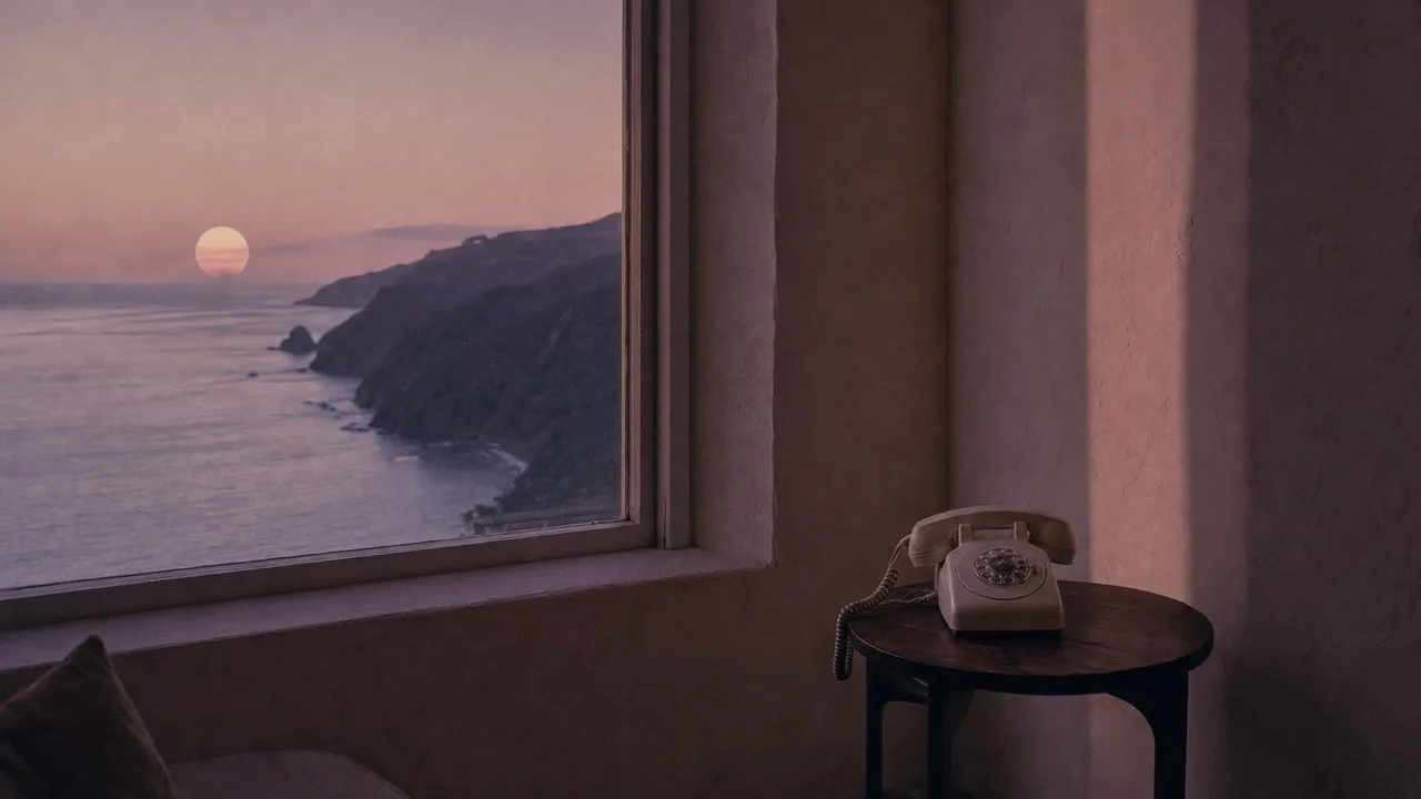 An old cream rotary telephone on a small walnut side table beside a plaster window that looks out over a dusk coastline and a pale sun.