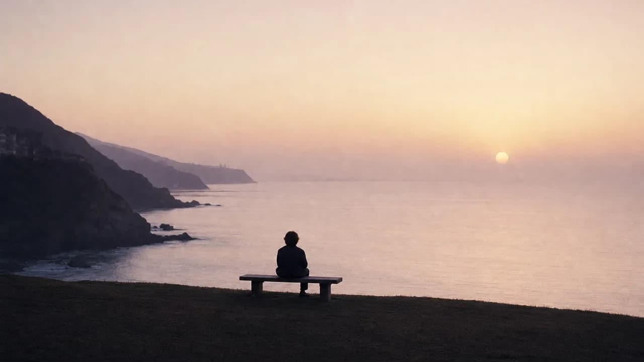 A person sitting alone on a wooden bench on a clifftop lawn above the ocean at dusk, back to camera, a pale sun near the horizon.
