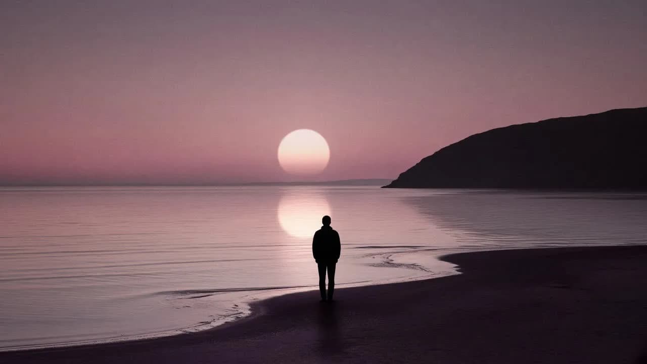 A person standing on a dark wet sand crescent at the waterline at dusk, back to camera, a pale sun reflected on the sand.