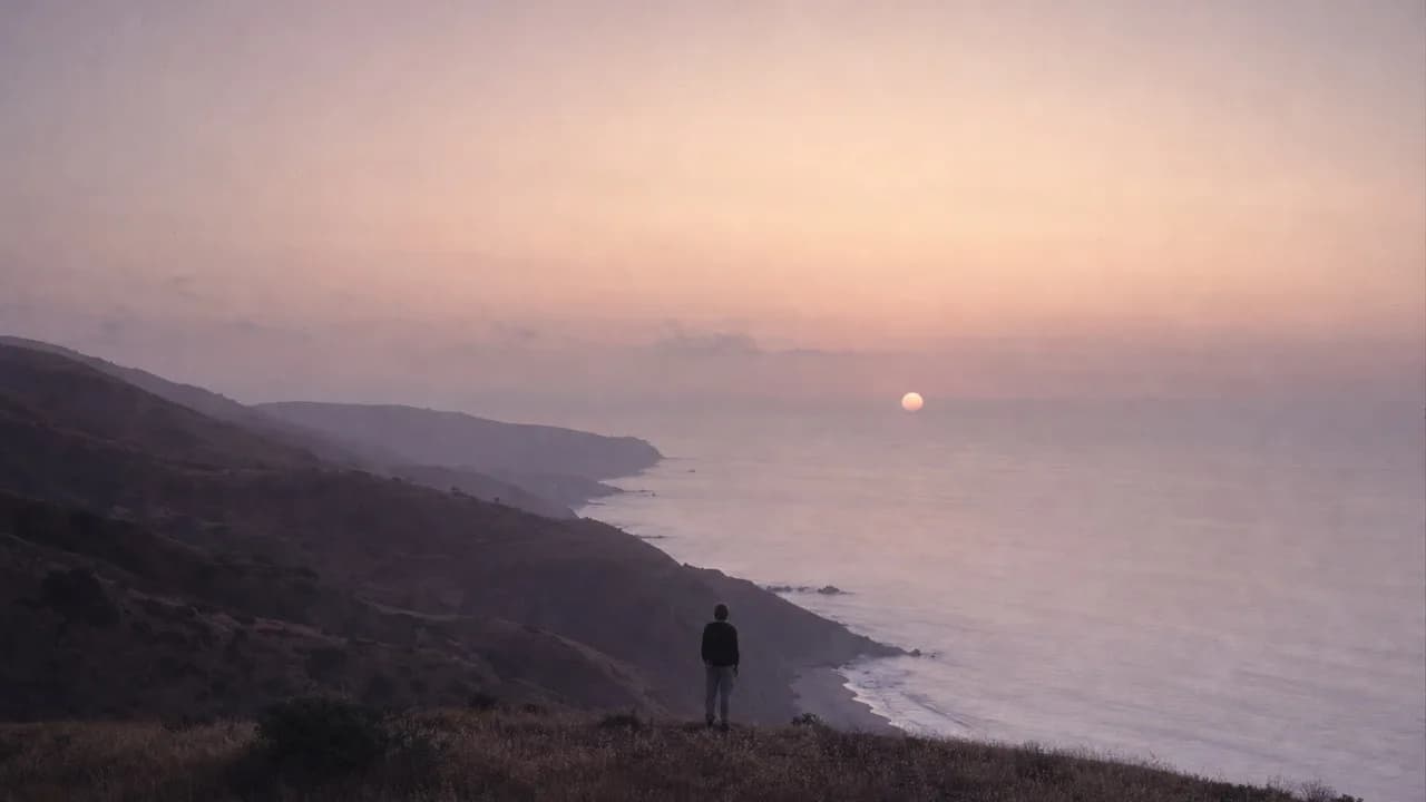 A person standing on a grassy coastal hilltop at dusk, back to camera, looking over layered ridges and the sea toward a small pale sun.