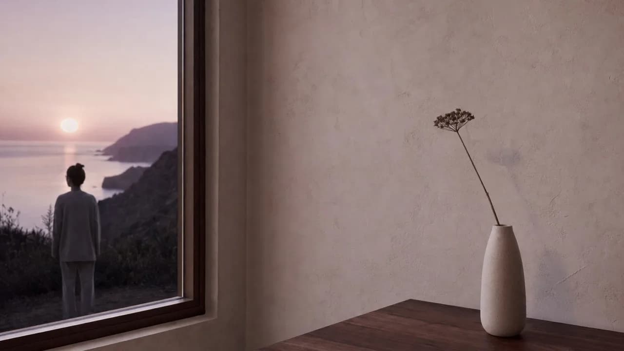 A slim cream vase holding one dried stem on a walnut table in a plaster room, a person outside the window facing a dusk cove.