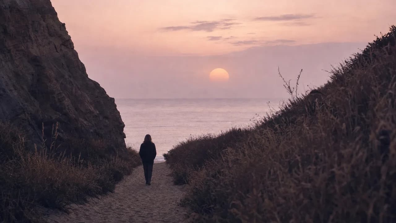 A person walking a sandy canyon path between tall dry grasses toward the sea at dusk, back to camera, a sandstone wall in shadow and a pale sun ahead.