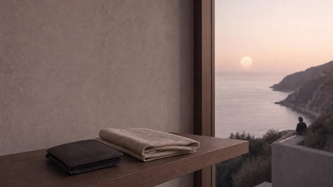 A small closed dark leather wallet and a folded cream linen cloth on a walnut shelf beside a tall window, a dusk cove and a pale sun beyond.