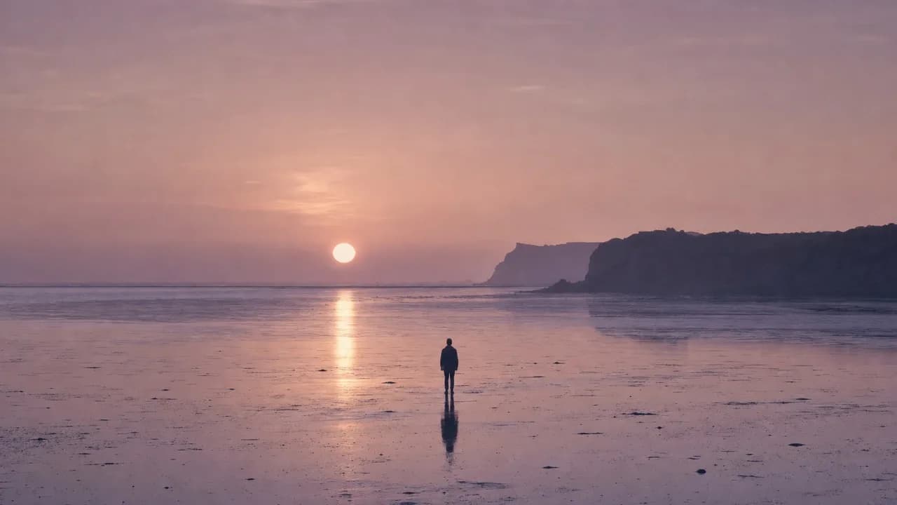 A person standing in a wide shallow tide flat at low tide, back to camera, the wet sand mirroring a pale sun and a lilac sky.