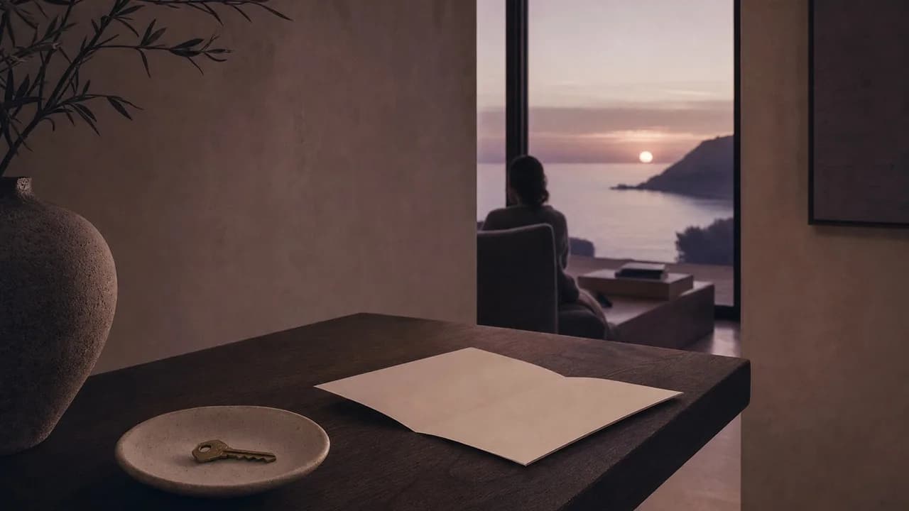 A ceramic dish holding a brass key beside a folded blank sheet of paper on a walnut table, a person seated by a dusk window behind.