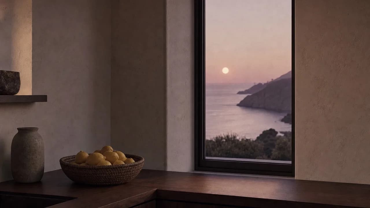 A woven basket of lemons on a dark walnut counter in a plaster kitchen, a tall window showing a pale sun over a cove.