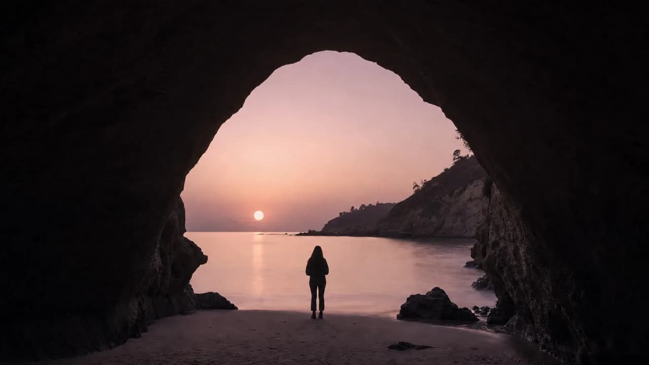 A person standing in the arched mouth of a dark sea cave at dusk, back to camera, looking out at a still cove and a small pale sun.