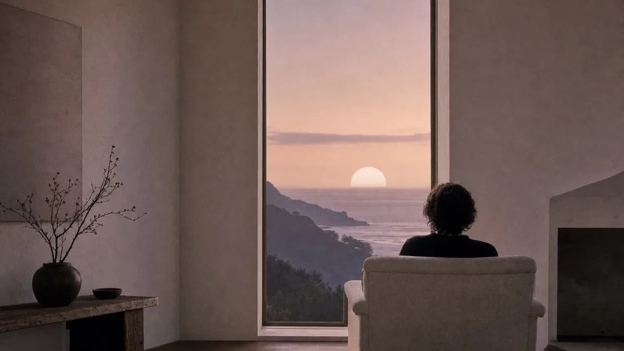 A person seated in a cream armchair in a plaster room, seen from behind, facing a tall narrow window with a pale sun over the sea.