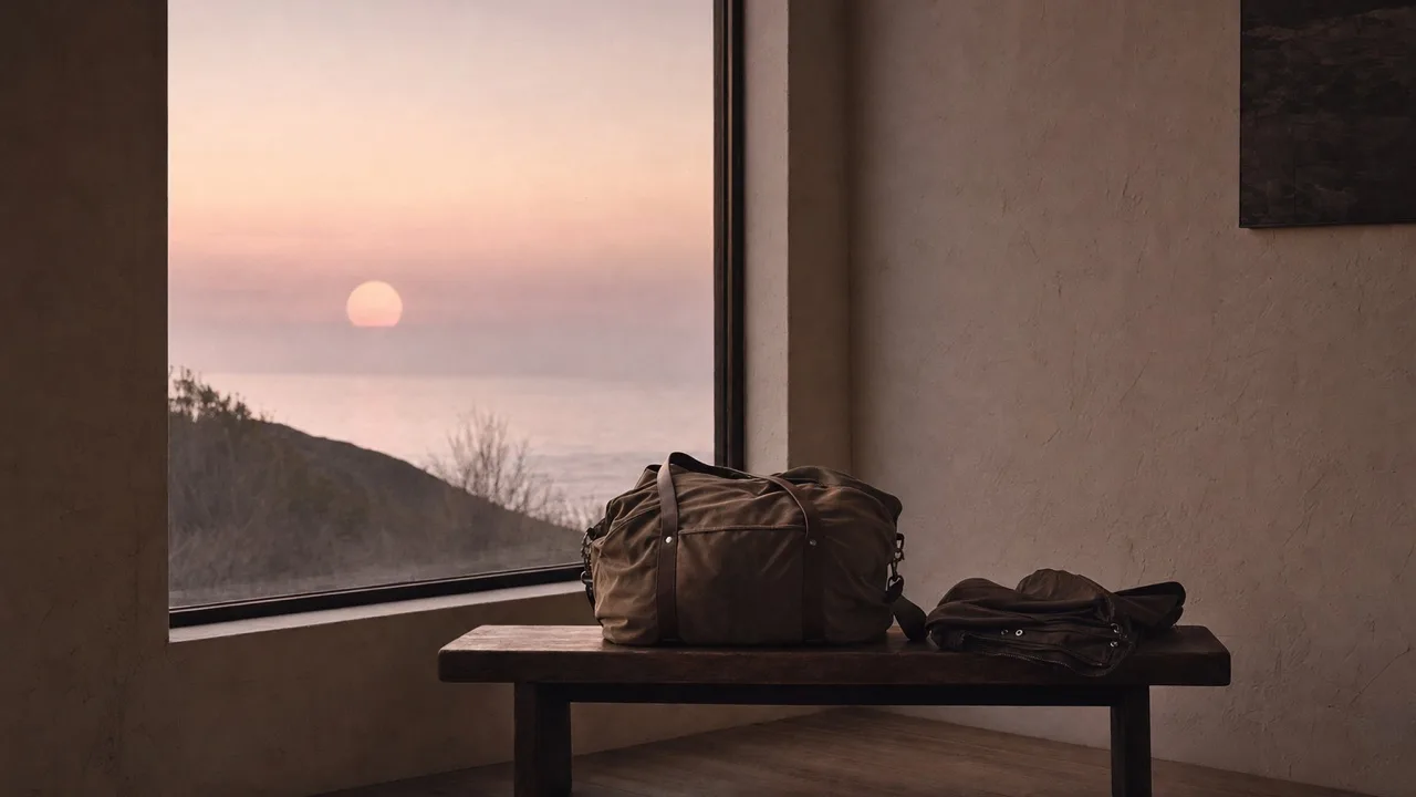 A packed canvas duffel bag and a folded jacket on a walnut bench under a tall window, a pale sun low over the sea.