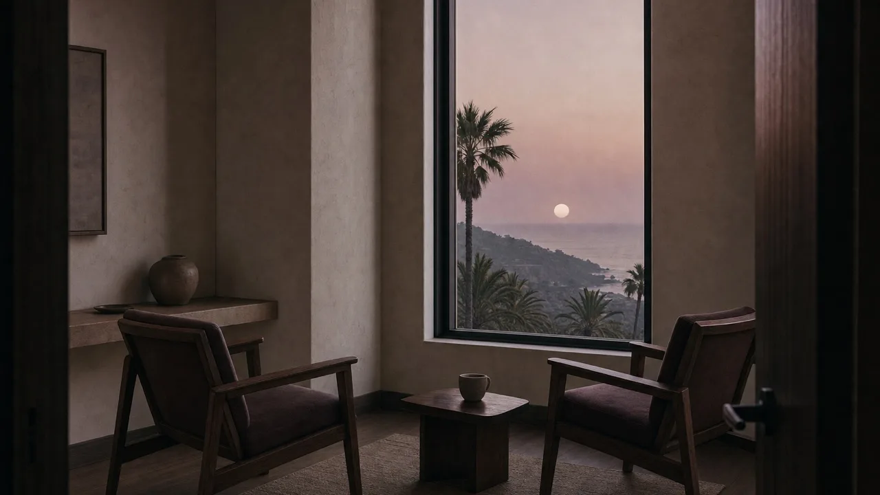 Two walnut armchairs facing each other in a quiet cream-plaster room at dusk, a tall window onto palms and the sea.