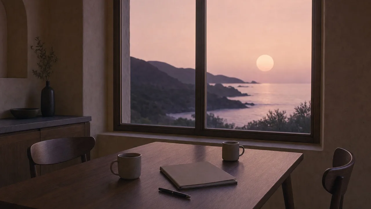 Two mugs, a closed folder, and a pen on a walnut kitchen table at dusk, a window behind onto dark hills and a pale sun over the sea.