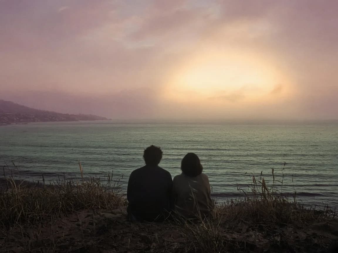 Two people sitting on a Laguna dune at dusk, backs to camera, a hazy sun over the Pacific.