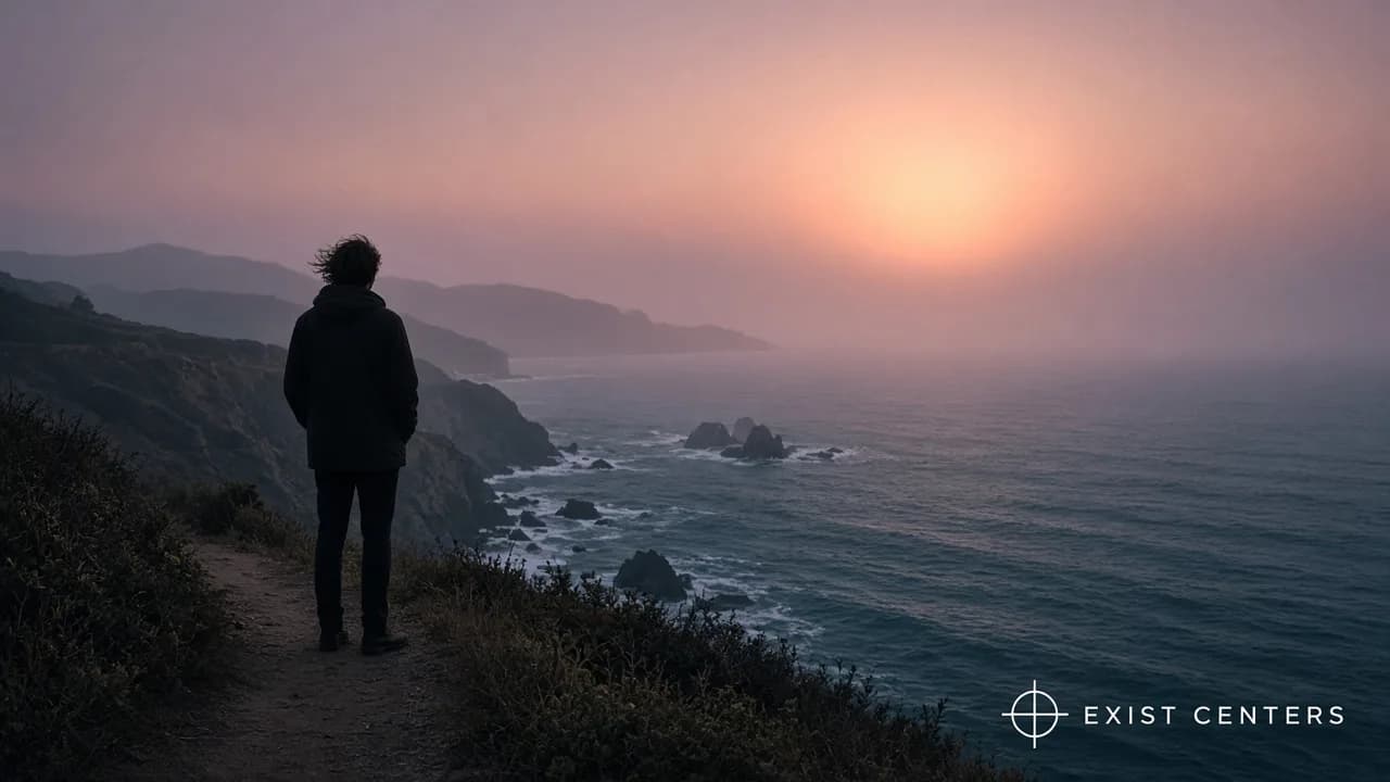A person standing in the wind on a Laguna cliff path, back to camera.