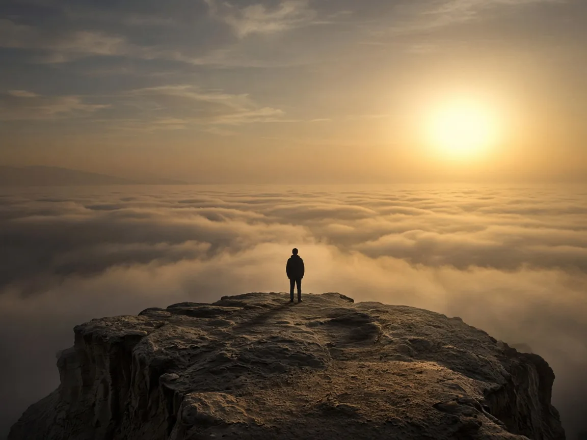 A solitary figure standing on a cliff above the clouds at dusk.