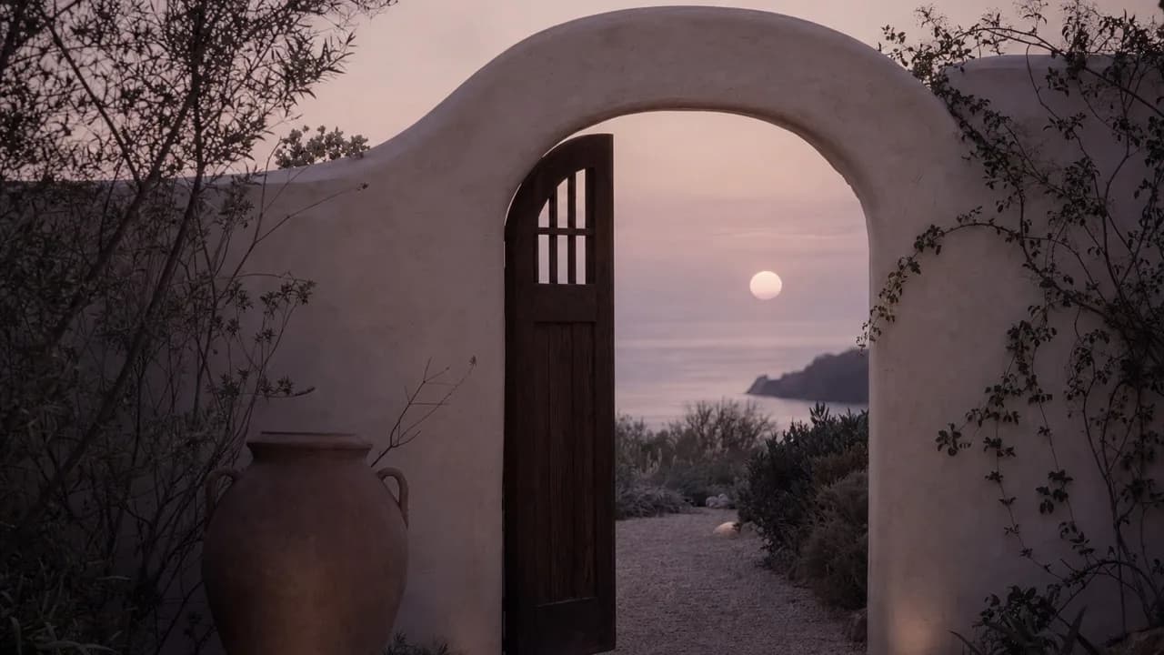 A cream stucco garden archway with a dark wooden gate standing half open at dusk, a gravel path leading toward a pale sun over the ocean.