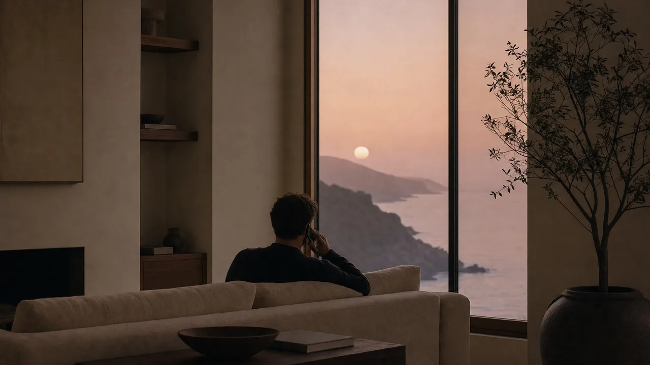 A person sitting on a cream linen sofa at dusk, seen from behind, holding a phone to their ear, a tall window with a pale sun over the ocean and a headland.