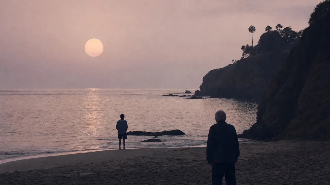 A young adult standing at the edge of a quiet cove at dusk, back to camera, an older family member standing nearer on the sand, a huge pale sun over the water.
