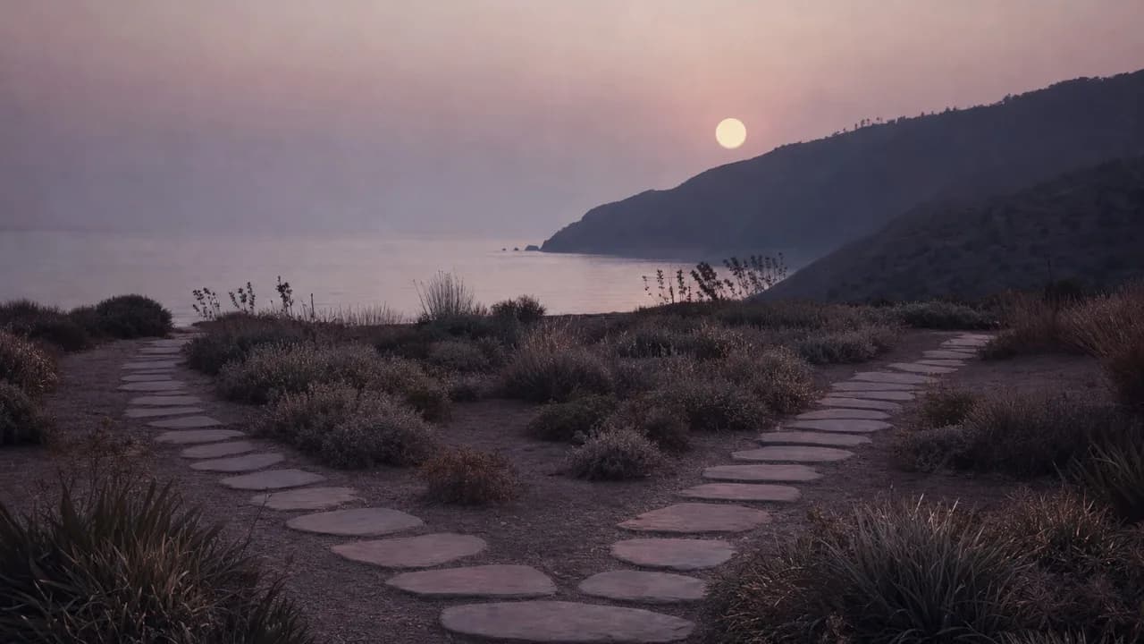 Two stepping-stone paths splitting across a dry coastal garden of low grasses at dusk, the ocean beyond and a pale sun above a dark headland.