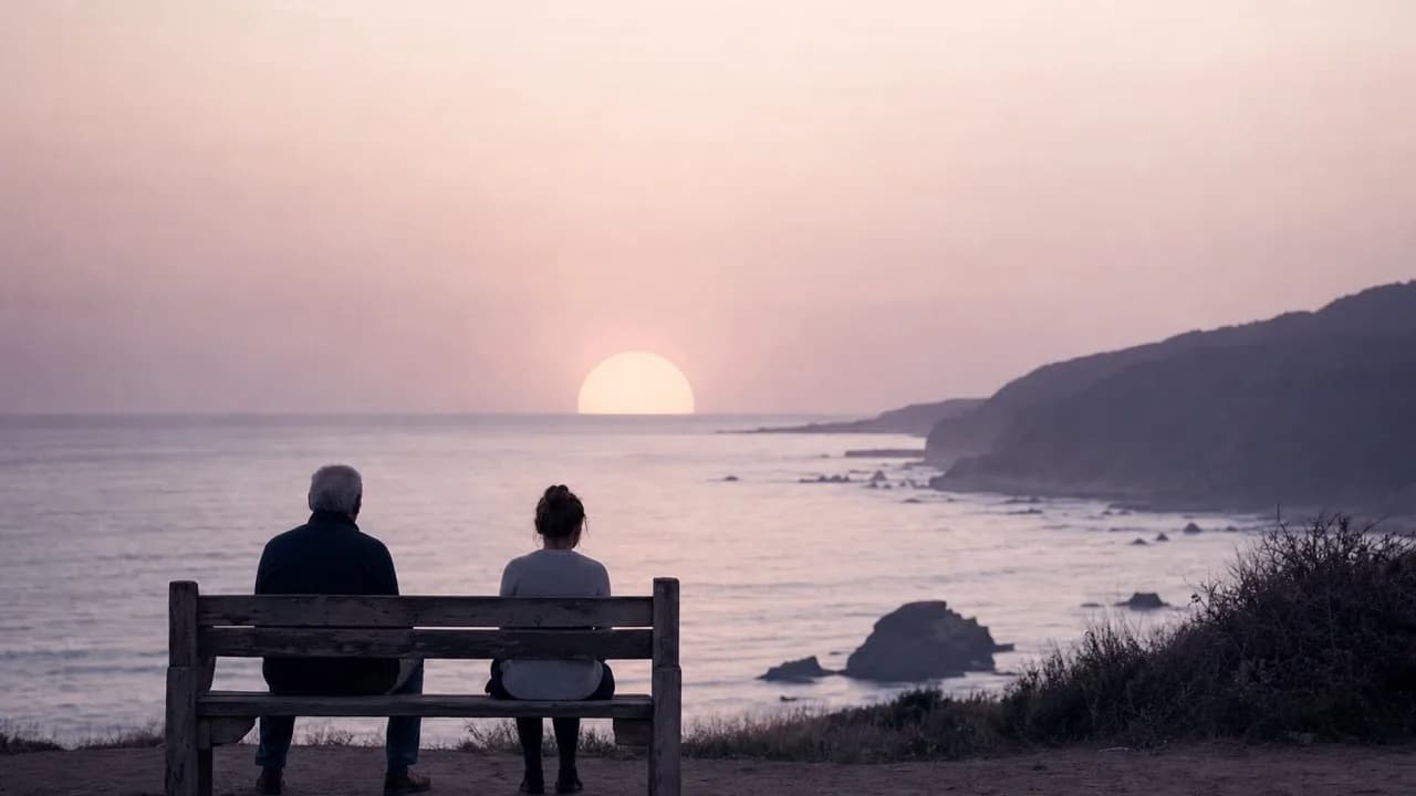 An older adult and a younger adult sitting on a weathered wooden bench facing the ocean at dusk, backs to camera, a small space between them and a huge pale sun on the horizon.
