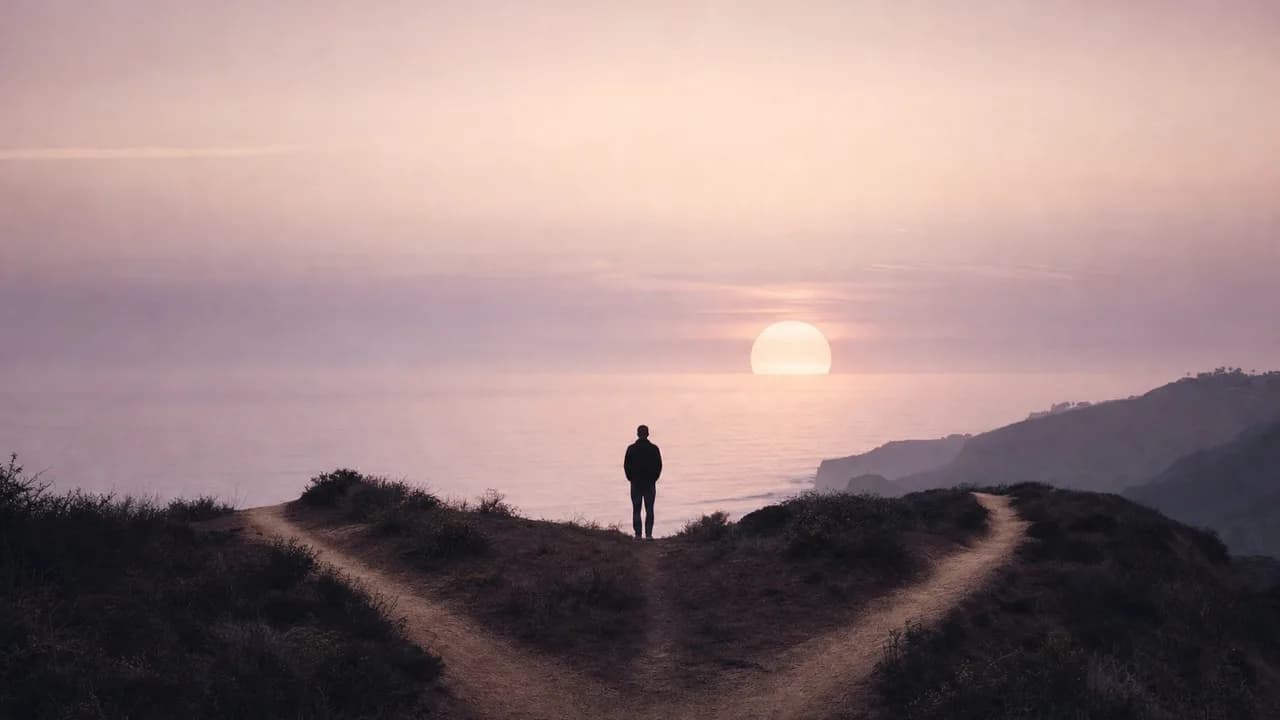 A person standing where a coastal bluff trail splits into two paths at dusk, back to camera, both paths leading toward a huge pale sun.