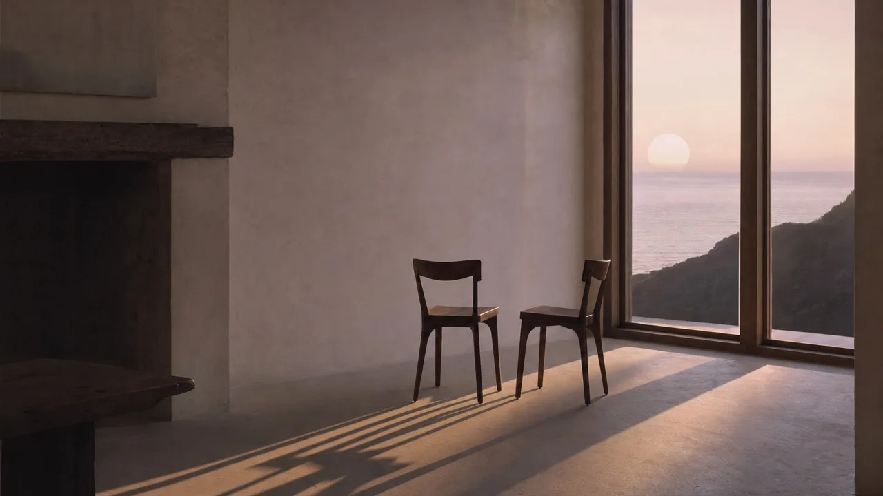 Long soft shadows of two empty wooden chairs stretching across a pale plaster floor in late dusk light from a tall window.