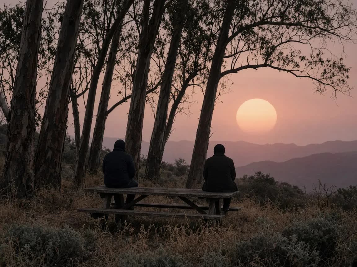 Two people sitting on a weathered picnic table under eucalyptus on a Laguna hillside at dusk, backs to camera, a gap between them and a huge pale sun through the trees.