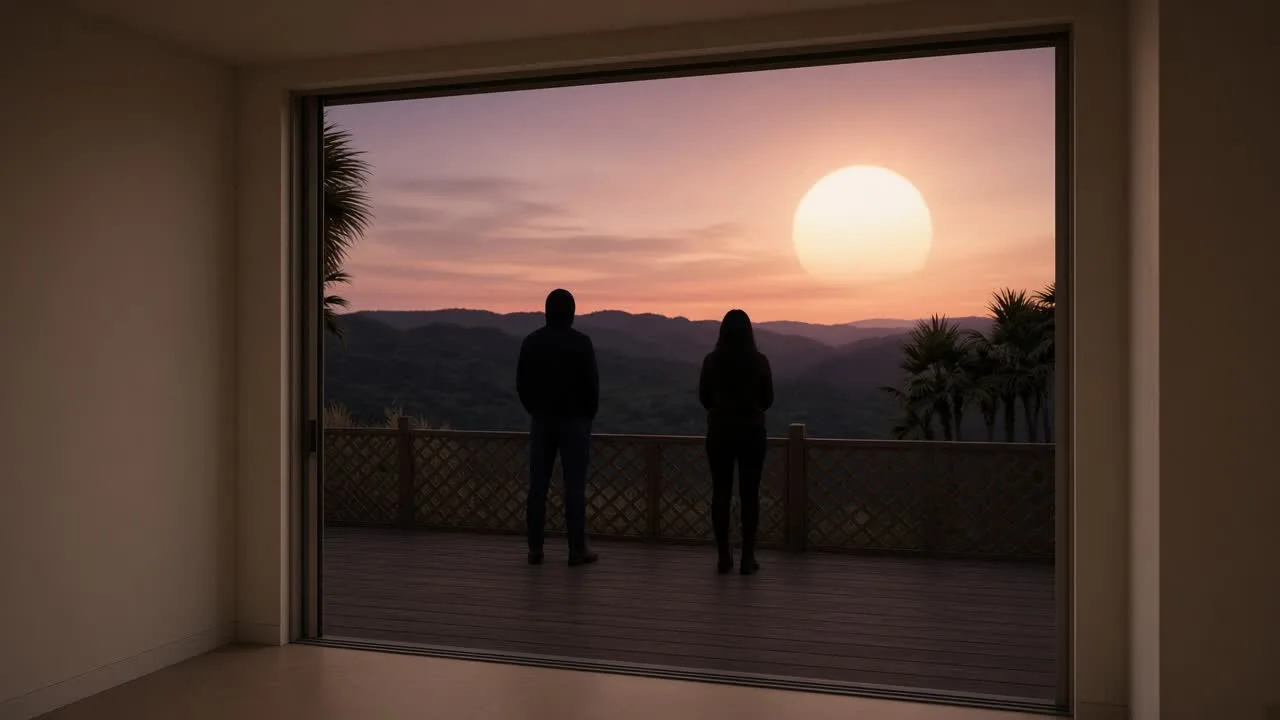 Looking through an open sliding glass door onto a canyon deck at dusk, two silhouettes at the rail with a gap between them, a huge pale sun over the hills.