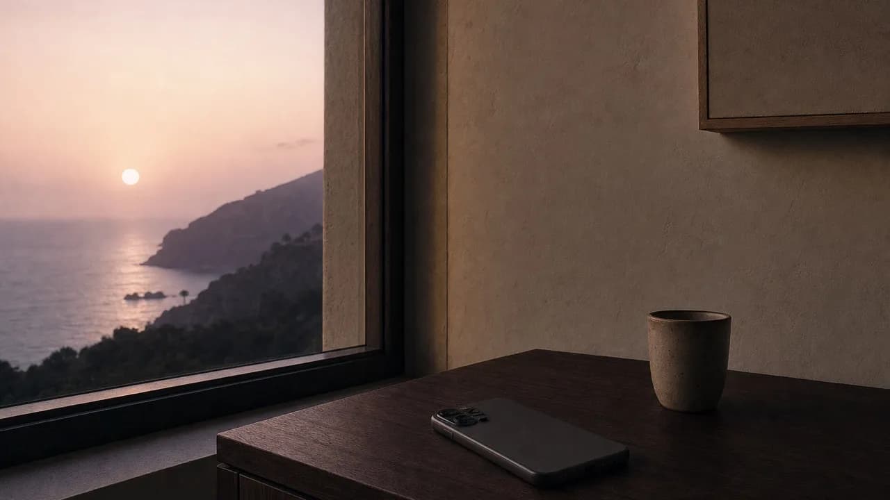 A phone lying face down on a dark walnut side table beside a tall window at dusk, a small ceramic cup and a cream plaster wall.