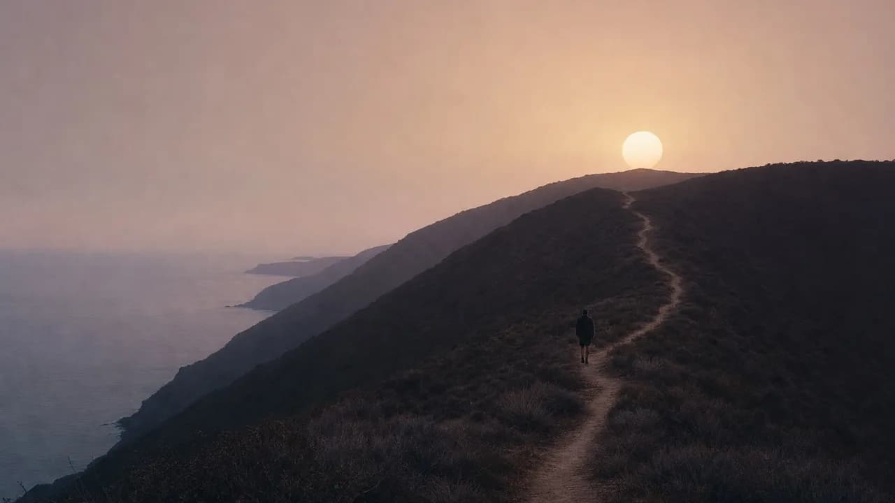 A narrow dirt trail climbing a dark coastal ridge above the Pacific at dusk, one small figure on the path with back to camera, a pale sun above the ridge.