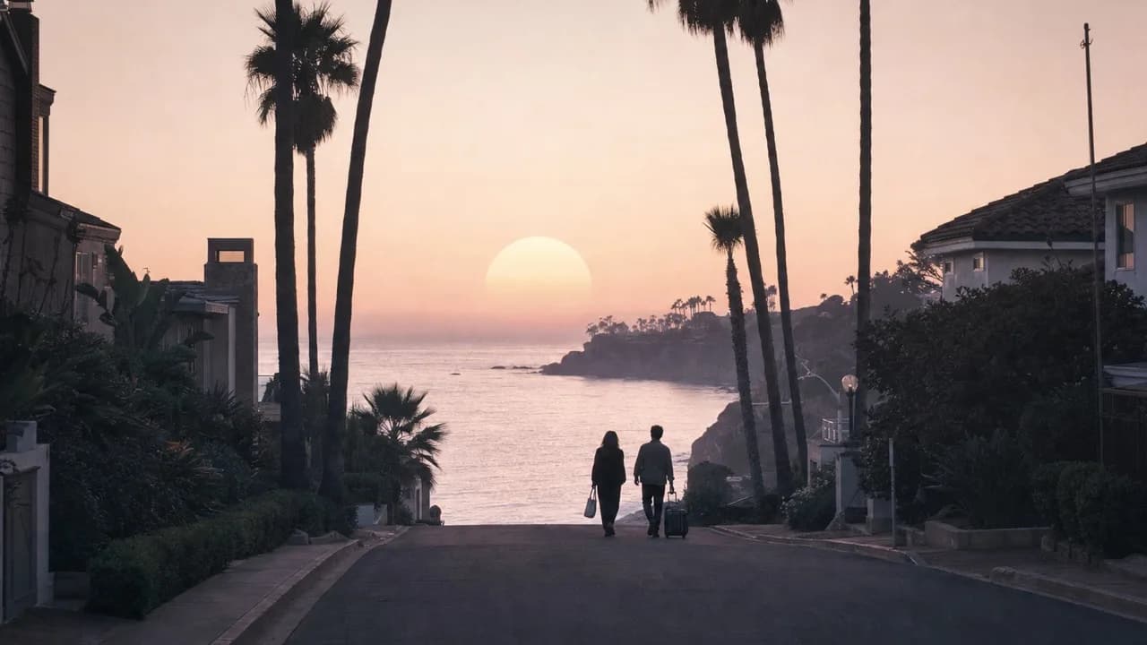 Two people walking down a quiet palm-lined street toward the ocean at dusk, backs to camera, one pulling a small suitcase, a huge pale sun at the end of the street.
